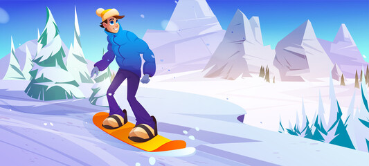 Fototapeta premium Man rides on snowboard on slope in mountains. Vector cartoon illustration of winter landscape with white downhill, trees, rocks and snowboarder person. Extreme sport activity concept