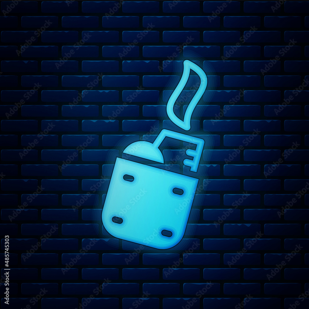 Poster glowing neon lighter icon isolated on brick wall background. vector