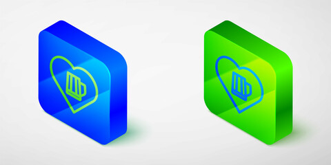Isometric line Heart with glass of beer icon isolated on grey background. Blue and green square button. Vector