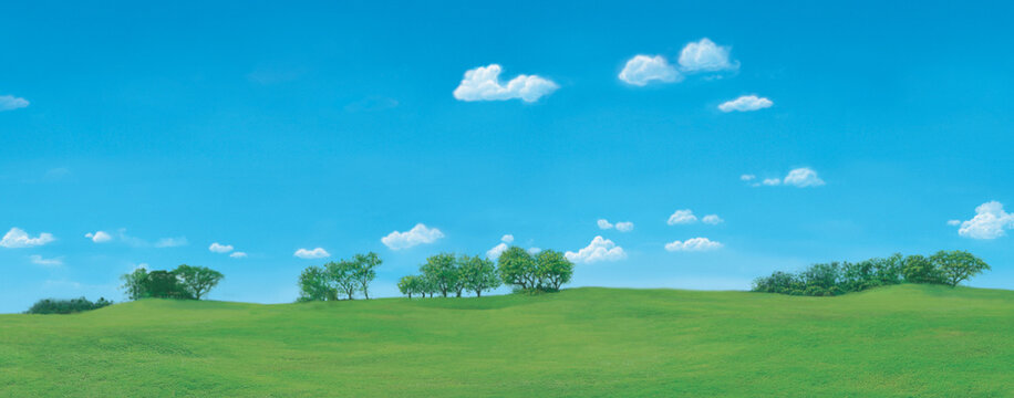 Green lawn with big trees and white cloud blue sky
