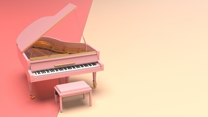 Pink-Gold Grand Piano under pink-soft yellow background. 3D illustration. 3D CG. 3D high quality rendering.  