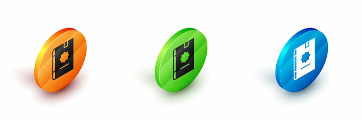 Isometric Holy book of Koran icon isolated on white background. Muslim holiday, Eid Mubarak, Eid al-fitr, Ramadan Kareem. Circle button. Vector