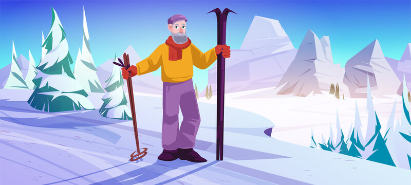 Elder man with ski and sticks stand on snow slope in mountains. Vector cartoon illustration of winter landscape with snowy downhill, trees, rocks and senior adult skier