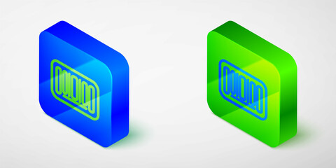 Isometric line Barcode icon isolated on grey background. Blue and green square button. Vector
