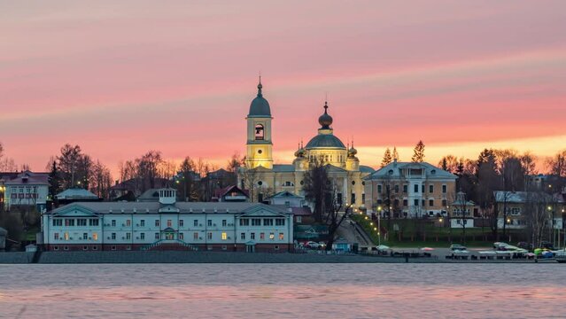 Sunset view of the ancient Russian city Myshkin. Russia. Time-lapse.
