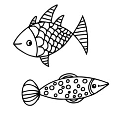 Fototapeta premium Set of beautiful patterned fish. In cartoon style. Funny fish in the underwater world. Antistress coloring book sketch for adults or kids, line drawing, doodle logo for tattoo