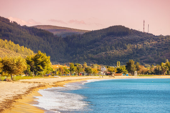 Idyllic view of the sandy Toroni beach on the Sithonia peninsula in the Halkidiki region of Greece. Recreation and tourism concept