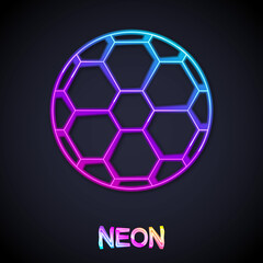 Fototapeta premium Glowing neon line Soccer football ball icon isolated on black background. Sport equipment. Vector