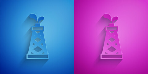Paper cut Oil rig icon isolated on blue and purple background. Gas tower. Industrial object. Paper art style. Vector