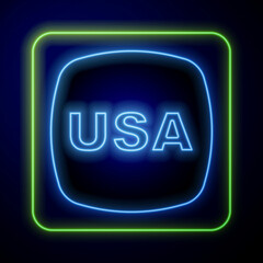 Glowing neon USA Independence day icon isolated on blue background. 4th of July. United States of America country. Vector