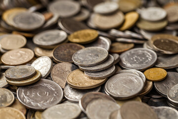 Coins turkish different, kurushi and lira, in bulk, selective focus.