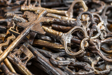 Keys metal antique decorative, souvenirs in bulk, selective focus.
