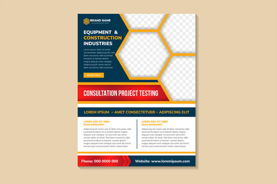 equipment and construction industries flyer using blue, red and yellow colors. brochure template design with vertical layout. hexagon shape on element. space for photo collage and text.