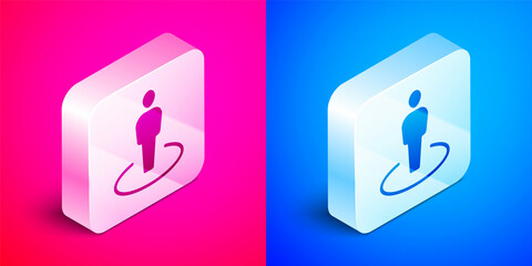Isometric Map marker with a silhouette of a person icon isolated on pink and blue background. GPS location symbol. Silver square button. Vector