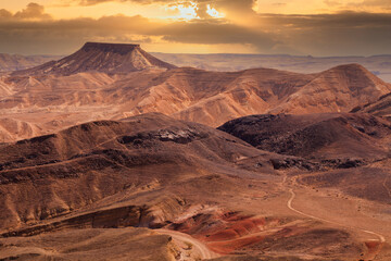 Sunset in the Negev desert. Makhtesh Ramon Crater