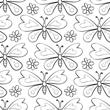 Vector seamless pattern of black outline cute butterflies and flowers in Doodle style. Glade, forest edge. Background and texture on theme of nature, spring, summer, children print, isolated