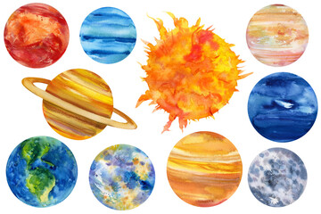 Hand-drawn watercolor planets, universes,. Large set space elements isolated on a white background. © Hanna