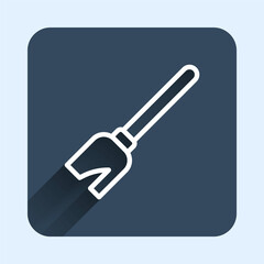 White line Witches broom icon isolated with long shadow background. Happy Halloween party. Blue square button. Vector