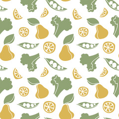 Seamless pattern with juicy fruits and vegetables. Healthy food wallpaper.