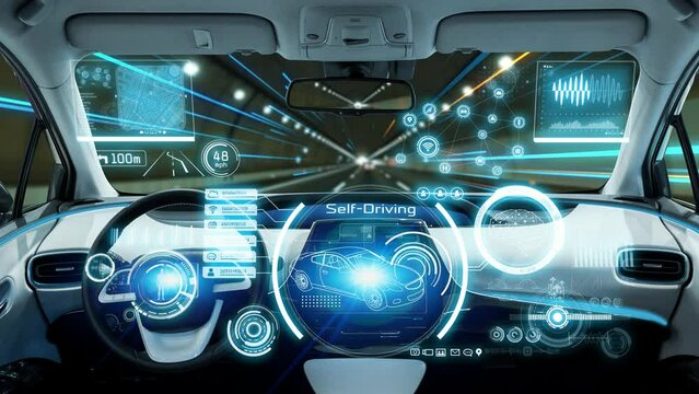 Interior of autonomous car. Driverless vehicle. Driving assist system. HUD (Heads up display).