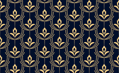 Flower geometric pattern. Seamless vector background. Gold and dark blue ornament