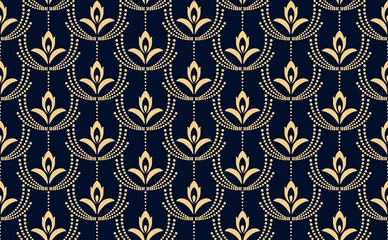 Fototapete Blau Gold Geometrisches Blumenmuster. Nahtloser Vektorhintergrund. Verzierung in Gold und Dunkelblau