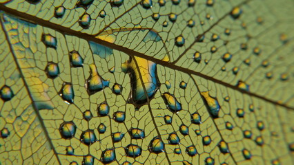 gouttes de pluie sur feuille de Pipal décomposée. (Figuiers des Pagodes ou Ficus Religiosa)