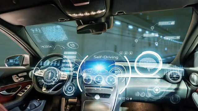 Interior of autonomous car. Driverless vehicle. Driving assist system. HUD (Heads up display).