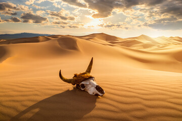 Fototapeta Skull bull in the sand desert at sunset. The concept of death and end of life obraz