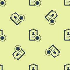 Blue Medical clipboard with clinical record icon isolated seamless pattern on yellow background. Prescription, medical check marks report. Vector