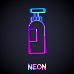 Glowing neon line Bottle of shampoo icon isolated on black background. Vector