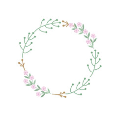 Obraz na płótnie Canvas Wreath with delicate roses and green twigs with leaves. Festive vector illustration for the design or decor of postcards, invitations. Rustic template for circle-shaped text