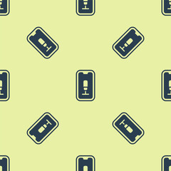 Blue Mobile recording icon isolated seamless pattern on yellow background. Mobile phone with microphone. Voice recorder app smartphone interface. Vector