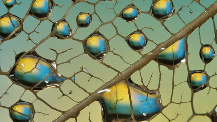 gouttes de pluie sur feuille de Pipal décomposée. (Figuiers des Pagodes ou Ficus Religiosa)