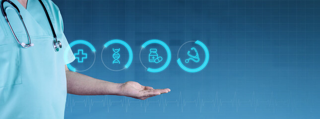 Medizin digital. Arzt streckt Hand aus. Interface mit Icons. 