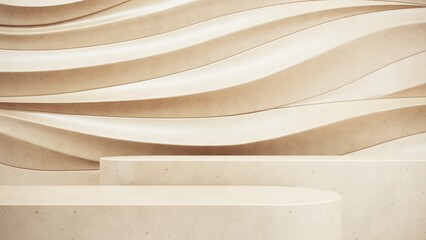 Premium podium, showcase on abstact, pastel background of diagonal curve lines with copy space. Mock up for the exhibitions, presentation of products, body care bottle- 3D, render. 