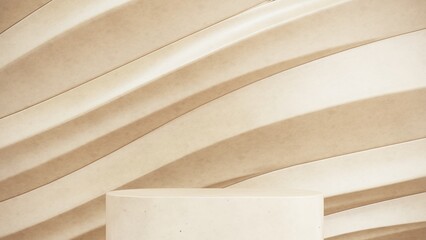 Premium podium, showcase on abstact, pastel background of diagonal curve lines with copy space. Mock up for the exhibitions, presentation of products, body care bottle- 3D, render. 