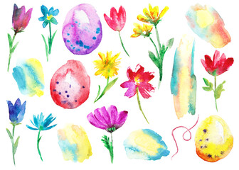 Watercolor elements set with easter eggs,colour backgrounds and meadow flowers. Template for your easter illustration.