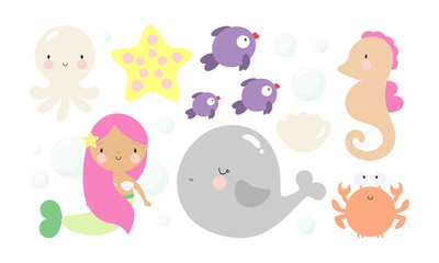 Cartoon sea characters. Cute fish, octopus, whale, starfish, seashell, seahorse, little mermaid, crab and octopus. Good for baby shower invitations, birthday cards, stickers, prints etc.