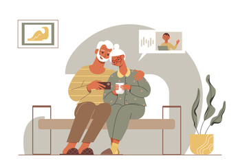Cartoon modern grandparents talking  to grandson online. Elderly family at home.