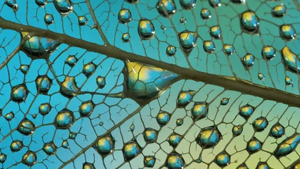 Foto auf Acrylglas Befleckt gouttes de pluie sur feuille de Pipal décomposée. (Figuiers des Pagodes ou Ficus Religiosa)