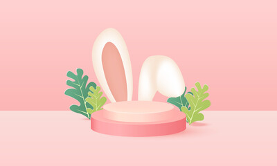 Obraz na płótnie Canvas Pink Easter podium stage with bunny ears decoration. 3D cartoon vector