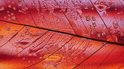 gouttes de pluie sur feuille de Pipal décomposée. (Figuiers des Pagodes ou Ficus Religiosa)