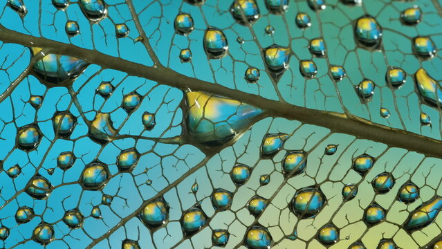 gouttes de pluie sur feuille de Pipal d&eacute;compos&eacute;e. (Figuiers des Pagodes ou Ficus Religiosa)