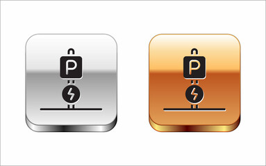 Black Charging parking electric car icon isolated on white background. Silver and gold square buttons. Vector