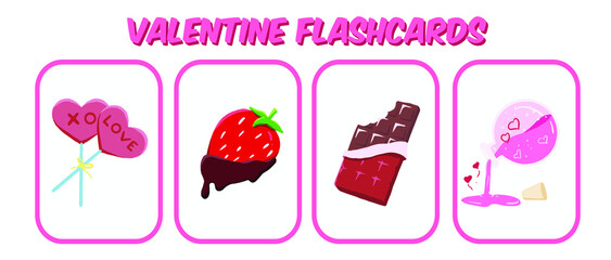 Cute valentine flashcards collection. Colourful valentine with cartoon style set. Card games for kids. Vector illustration.