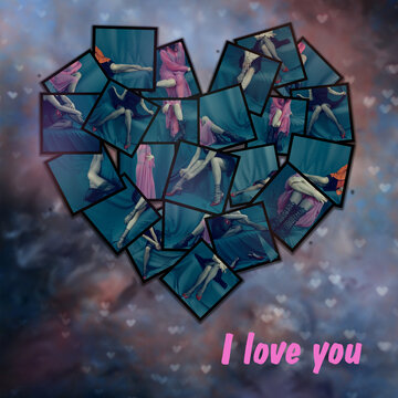 Text I love you. Collage in the shape of a heart in dark colors from photos of a sexy girl.
