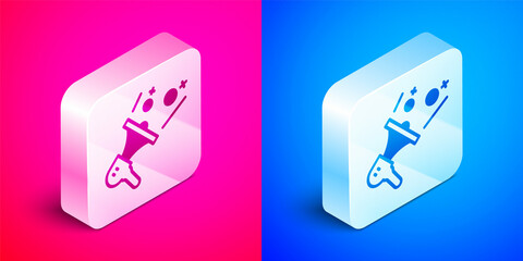 Isometric Female movement, feminist activist with banner and placards icon isolated on pink and blue background. Feminist rights movement, feminism sisterhood. Silver square button. Vector