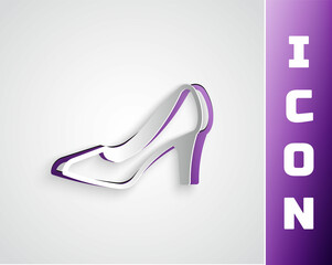 Paper cut Woman shoe with high heel icon isolated on grey background. Paper art style. Vector