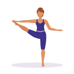 Fototapeta na wymiar Girl does yoga, stands in the stretching position with her hand, by the toe. Vector illustration of sports and healthy lifestyle. Ancient Indian practice of spiritual development, health and harmony.